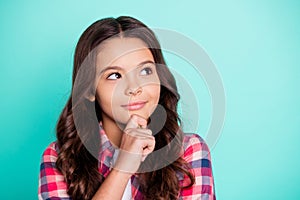 Close-up portrait of her she nice attractive lovely winsome sweet brainy clever wavy-haired pre-teen girl wearing