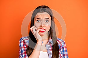 Close-up portrait of her she nice attractive nervous worried straight-haired girl wearing checked shirt having panic