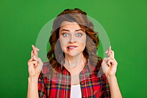 Close-up portrait of her she nice attractive pretty worried wavy-haired girl fan wearing checked shirt crossed fingers