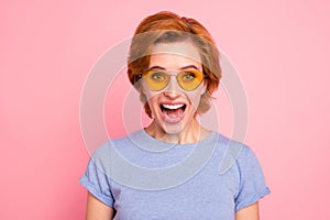 Close-up portrait of her she nice cute charming attractive lovely cheerful crazy girl wearing casual blue t-shirt yellow