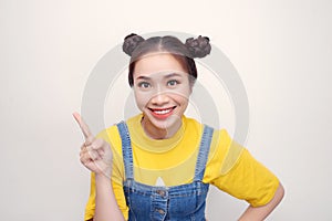 Close-up portrait of her she nice-looking attractive girlish feminine cheerful cheery funny teen girl looking aside isolated over