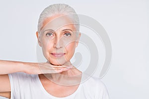 Close-up portrait of her she nice-looking attractive lovely calm peaceful content gray-haired lady demonstrating