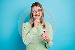 Close-up portrait of her she nice-looking attractive lovely cheerful cheery curious creative girl using cell creating