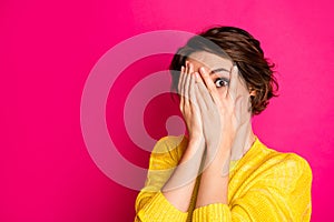 Close-up portrait of her she nice-looking attractive lovely pretty terrified scared girl hiding face in palms hands