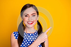 Close-up portrait of her she nice-looking attractive pretty glamorous cheerful cheery girl showing ad advert copy space