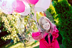 Close-up portrait of her she nice-looking attractive sweet lovely charming cute cheerful cheery girl bunch of helium balls