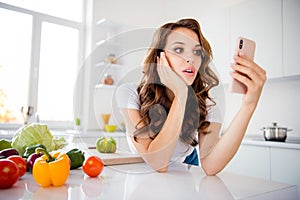 Close-up portrait of her she nice-looking charming attractive lovely wondered wavy-haired girl reading recipe online