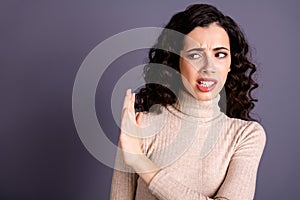 Close-up portrait of her she nice-looking lovely attractive charming cute annoyed displeased wavy-haired lady blocking