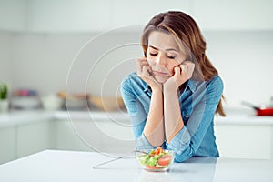 Close-up portrait of her she nice lovely charming attractive sad bored dull disappointed brown-haired lady looking at