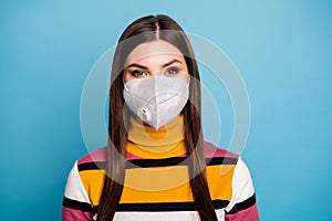 Close-up portrait of her she pretty healthy girl wearing safe mask stop mers cov flu flue grippe pathogen influenza