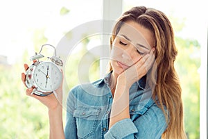 Close-up portrait of her se nice lovely attractive charming cute dull tired drowsy brown-haired lady holding in hand o