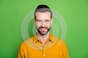 Close-up portrait of his he nice attractive cheerful cheery bearded brown-haired guy wearing casual formal shirt