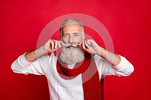 Close-up portrait of his he nice attractive confident content well-groomed gray-haired man touching mustache 