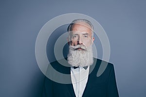 Close-up portrait of his he nice attractive content calm gray-haired man wearing tux tuxedo ready for festal event