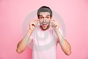 Close-up portrait of his he nice attractive lovely cheerful cheery glad dreamy guy wearing specs showing emotion