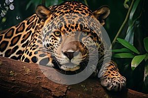 Close up portrait of jaguar lying on a log in the jungle. Panthera onca