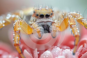 Close-up portrait of a jumping spider with water droplets on a flower