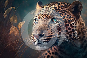 A close-up portrait of a leopard in its natural habitat - a dangerous predator in a wildlife scene. Generative AI