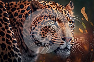 A close-up portrait of a leopard in its natural habitat - a dangerous predator in a wildlife scene. Generative AI