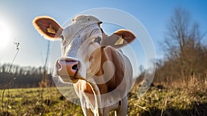 close up portrait of a light red cow shot with a wide-angle lens on a sunny day