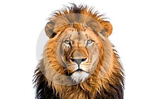 A close-up portrait of a lion against a white background