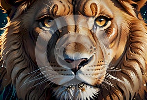 Close up portrait of a lion with intense eyes, natural colors against a grey backdrop, Generative AI