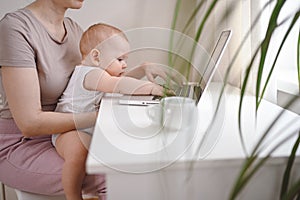 Close up portrait little baby boy funny facial expression sitting on mother`s lap studying laptop. Young mom work from home with