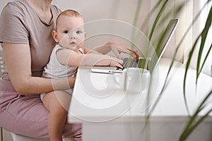 Close up portrait little baby boy funny facial expression sitting on mother`s lap studying laptop. Young mom work from home with