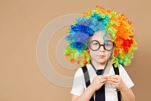 Close-up Portrait of Little boy in clown wig and eyeglasses