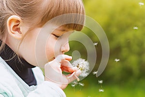 Close-up portrait of a little girl blowing on the head of a dandelion in a green meadow. A charming little baby blows on a