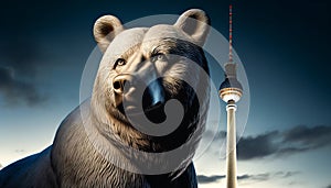 Close-up portrait of a lone bear in a regal pose in front of the Fernseturm (TV tower) in Berlin.
