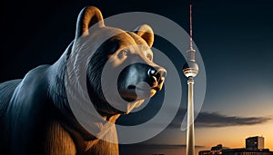 Close-up portrait of a lone bear in a regal pose in front of the Fernseturm TV tower in Berlin.