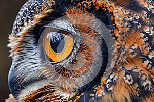 Close up Portrait of a Majestic Eurasian Eagle Owl with Vibrant Orange Eyes and Detailed Feathers Texture