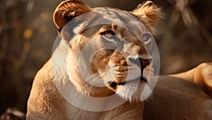 Close up portrait of majestic lioness, alertness in her eyes generated by AI