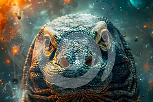 Close Up Portrait of a Majestic Reptile with Vivid Textures Against a Cosmic Space Background