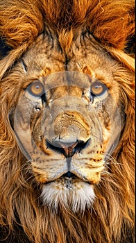 A close-up portrait of a male lion\'s face