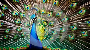 Close-up portrait of a male peacock displaying beautiful plumage, AI Generative