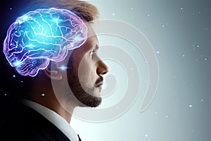 Close up portrait of a man from the side in profile and a hologram of a working brain. The concept of intelligence, brain work,