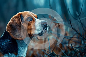 Close up Portrait of a Melancholic Beagle Dog with Expressive Eyes in Atmospheric Moody Forest