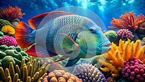 Close-up portrait of a Napoleon wrasse fish