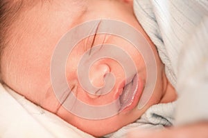Close up portrait of a newborn baby boy sleeping
