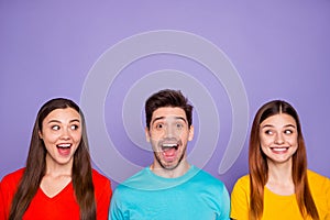 Close-up portrait of nice attractive lovely charming cheerful cheery glad overjoyed ecstatic guys wearing colorful t