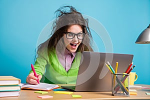 Close-up portrait of nice attractive smart clever cheerful girl writing plan watching tutorial lesson isolated over