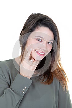 Close-up portrait of nice cute adorable lovable attractive lovely cheerful pensive girl touching chin