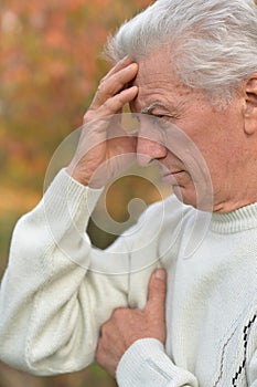 Close up portrait of older man in autumn park