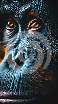 A close-up portrait of an orangutan\'s face