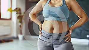 Close-Up Portrait of an Overweight Woman\'s Belly and Waist in Sportswear, Post-Exercise