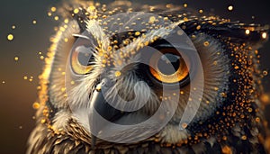 Close-up portrait of an owl with golden sparkles on a dark background.