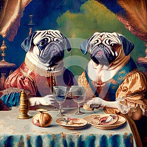 A close-up portrait of a pair of anthropomorphic pugs in luxurious clothes dining at a table. Funny design for children and adults