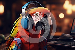 close-up portrait of a parrot wearing headphones